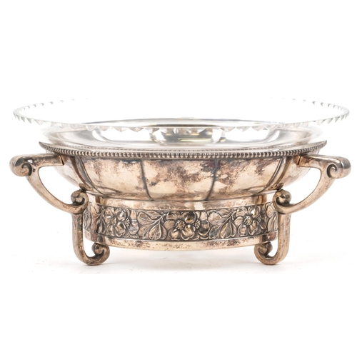 354 - An early 20th century Art Nouveau WMF silver plated stand with circular glass inset bowl decorated a... 