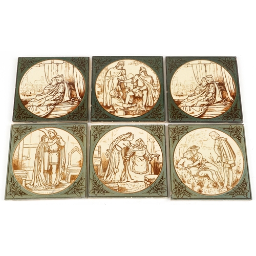 A set of six Minton pottery tiles, each hand painted with a Shakespearian scene, 15cm x 14.5.