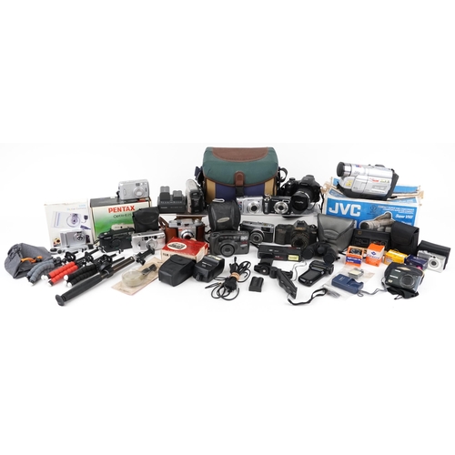 1189 - Vintage and later cameras, digital cameras, video recorders accessories and binoculars including Can... 