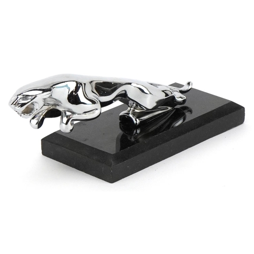 1388 - A motoring interest chromed Jaguar car mascot raised on a black slate base, 19cm in length.