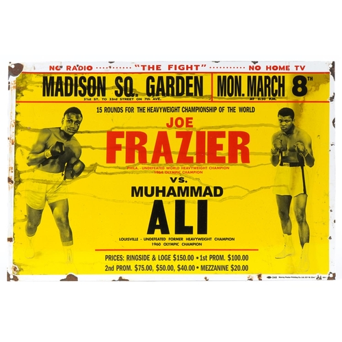 1639 - Boxing interest Joe Frazier versus Muhammad Ali enamelled tin sign, 59cm x 39cm.