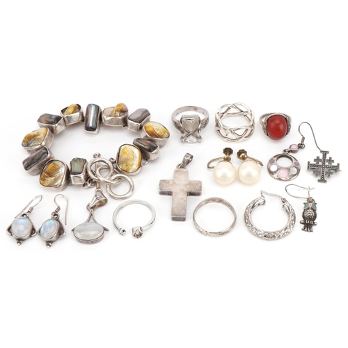 3721 - Silver jewellery, some set with semi precious stones, including an abalone bracelet, carnelian and m... 