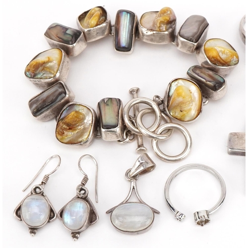 3721 - Silver jewellery, some set with semi precious stones, including an abalone bracelet, carnelian and m... 