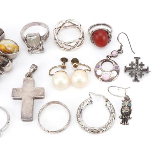 3721 - Silver jewellery, some set with semi precious stones, including an abalone bracelet, carnelian and m... 