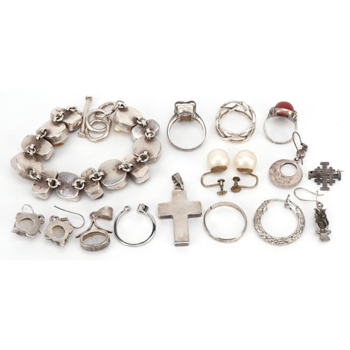 3721 - Silver jewellery, some set with semi precious stones, including an abalone bracelet, carnelian and m... 