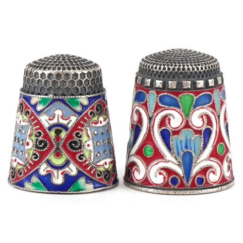 596 - Two silver and champlevé enamel thimbles, impressed Russian marks, the largest 2.3cm high, total 22.... 