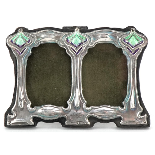 625 - An Art Nouveau style sterling silver and enamel double easel photo frame, 8cm high x 11cm wide.