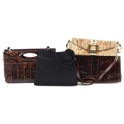 1175 - Four vintage and later ladies handbags including a snake skin bag, two faux skin bags and a black co... 