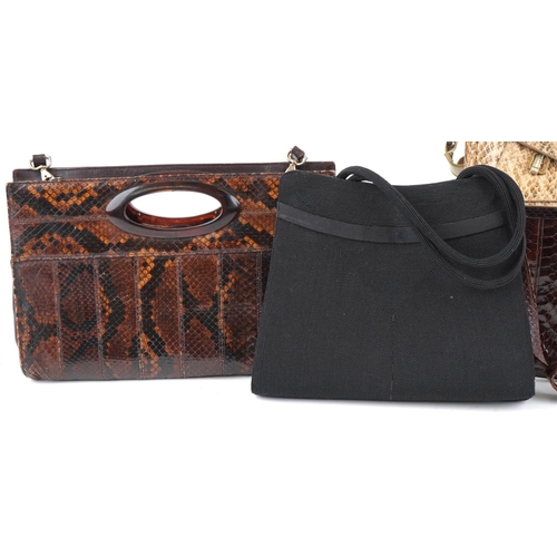 1175 - Four vintage and later ladies handbags including a snake skin bag, two faux skin bags and a black co... 