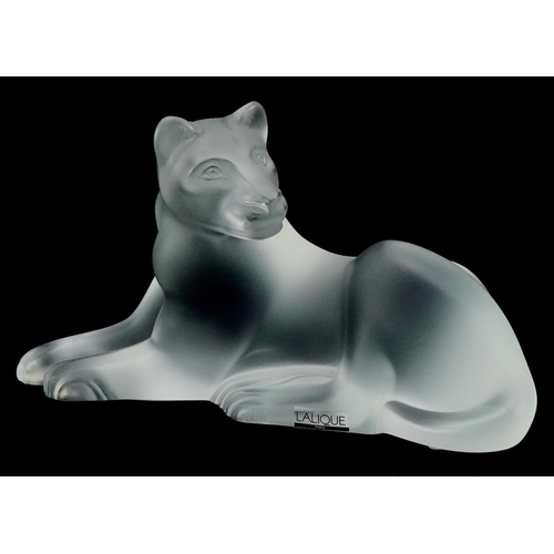 174 - Lalique, a frosted glass study of a recumbent lioness, etched Lalique France to the base, 24cm in le... 