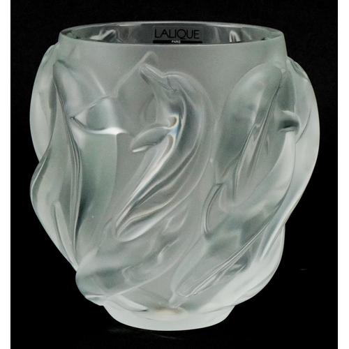 169 - Lalique, a frosted glass dolphin vase, etched Lalique France to the base, 17cm high.