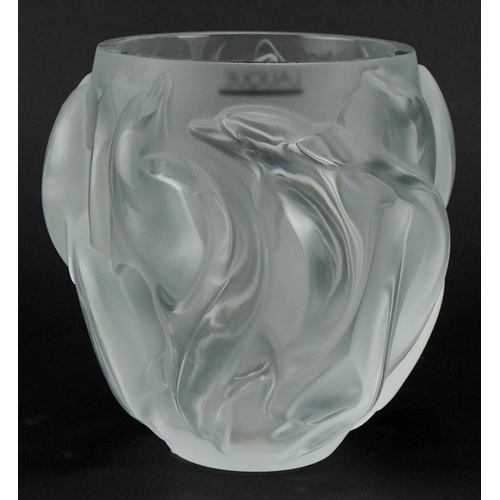 169 - Lalique, a frosted glass dolphin vase, etched Lalique France to the base, 17cm high.