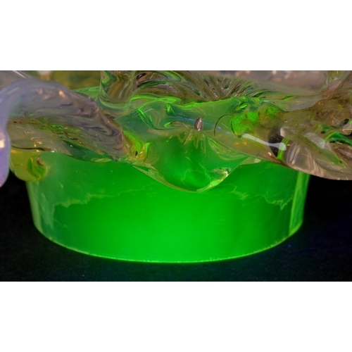 259 - A pair of Vaseline and uranium glass floral light shades, approximately 15cm in diameter, the fittin... 