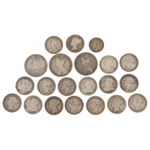 1240 - A quantity of Victorian silver coins to include shillings, florins and a sixpence, one florin dated ... 