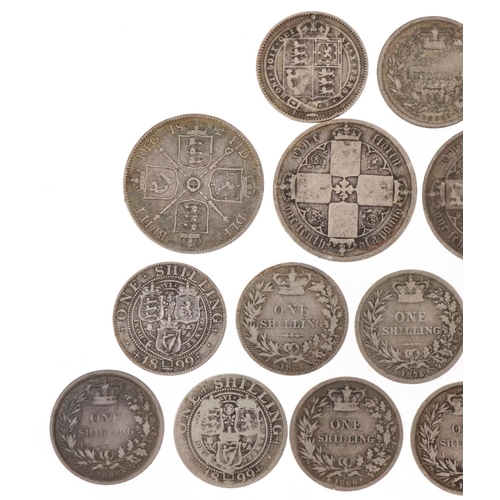 1240 - A quantity of Victorian silver coins to include shillings, florins and a sixpence, one florin dated ... 