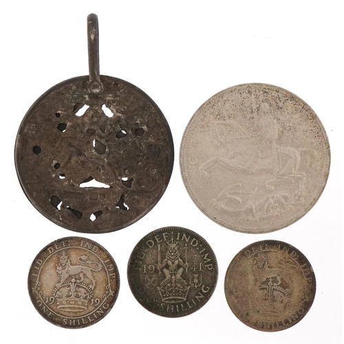 1260 - A 1935 George V Rocking Horse crown, three silver shillings and a late 19th/early 20th century hallm... 