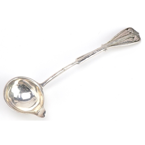 591 - An Arts & Crafts silver ladle, Birmingham 1910, worn maker's marks, 14.5cm in length, 24.0g.