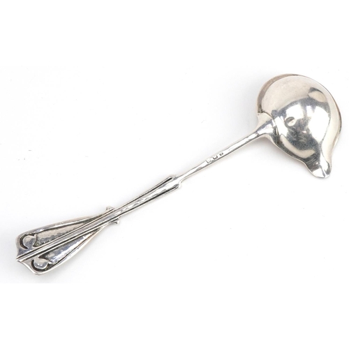 591 - An Arts & Crafts silver ladle, Birmingham 1910, worn maker's marks, 14.5cm in length, 24.0g.