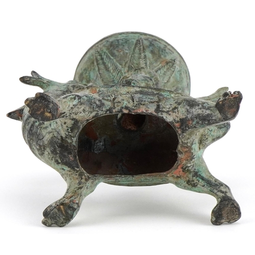 155 - A Chinese verdigris metal figural incense burner, 20th century, modelled as a boy on the back of a d... 