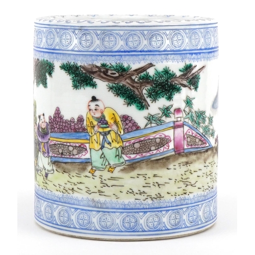 35 - A Chinese porcelain cylindrical brush pot, 20th century, decorated with figures within a landscape, ... 