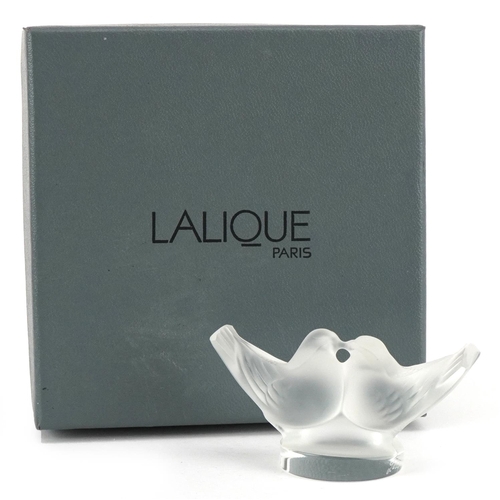 181 - Lalique, a frosted glass study of two turtle doves, etched Lalique France, 7cm in length, with box.