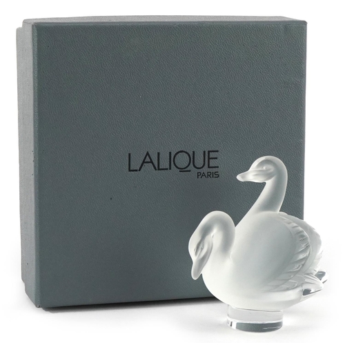 180 - Lalique, a frosted glass study of two swans, etched Lalique France, 7.5cm high, with box.