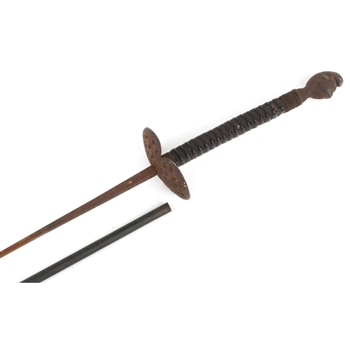 1497 - A late 19th/early 20th century rapier fencing sword with leather and rope grip, 130cm in length.