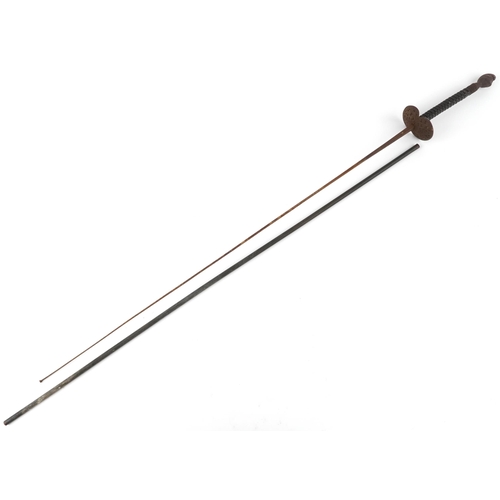 1497 - A late 19th/early 20th century rapier fencing sword with leather and rope grip, 130cm in length.