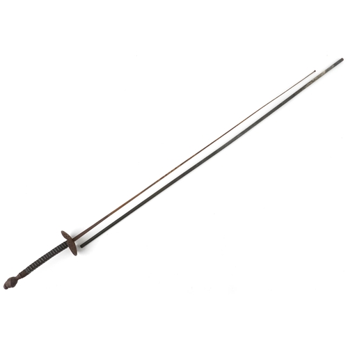 1497 - A late 19th/early 20th century rapier fencing sword with leather and rope grip, 130cm in length.