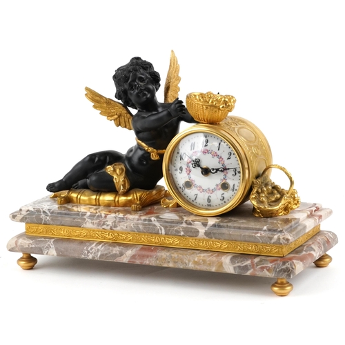 An early 20th century French gilt bronze mantle clock, signed Moreau, the circular hand painted enamelled dial supported by a cherub with a basket, raised on a grey marble plinth base and gilt metal feet, 27cm H x 40cm W x 17cm D.