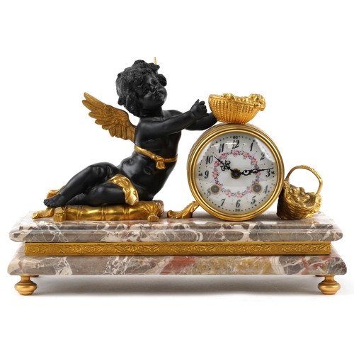 13 - An early 20th century French gilt bronze mantle clock, signed Moreau, the circular hand painted enam... 