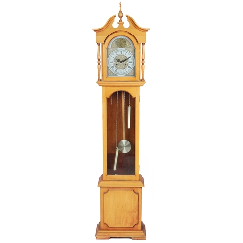 2123 - A late 20th century satin mahogany cased longcase clock, 185cm high.