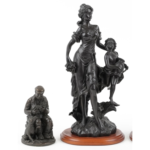 483 - Four decorative bronzed figures including mothers with children and a group of geese, the largest 34... 