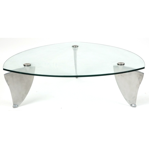 2022 - A contemporary glass and chromium plated ‘shark’s fin’ coffee table, H-30cm W-110cm