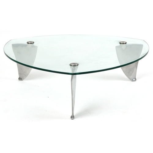 2022 - A contemporary glass and chromium plated ‘shark’s fin’ coffee table, H-30cm W-110cm