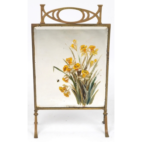 2107 - An early 20th gilt metal framed firescreen with hand painted floral mirror, H-75cm.