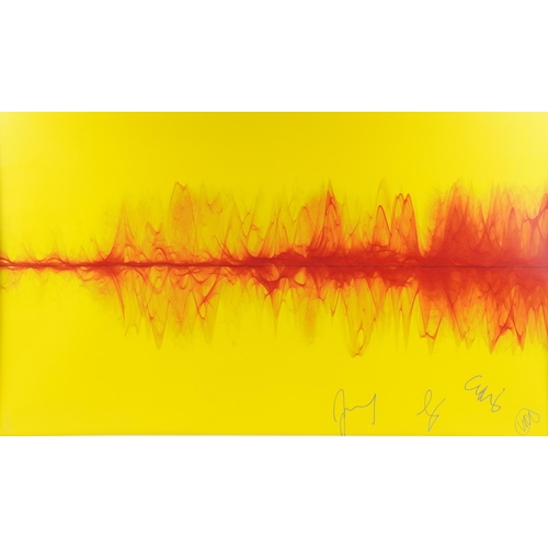 Yellow - A Soundwave Studio signed digital artwork by Coldplay signed by all members of the band, bearing impressed mark, framed, 62cm x 106cm.