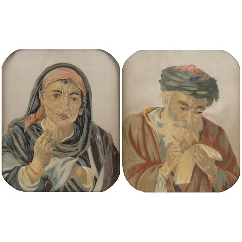 353 - A pair of silk work portrait embroideries, early 20th century, each within a Moorish and mother-of-p... 