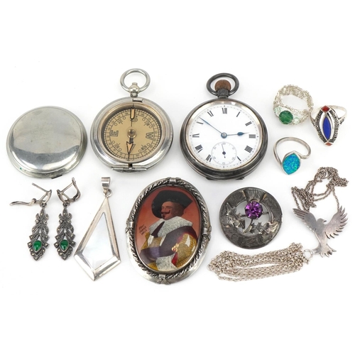 3724 - Antique and later jewellery including a gentlemen's silver open face pocket watch, silver Scottish t... 