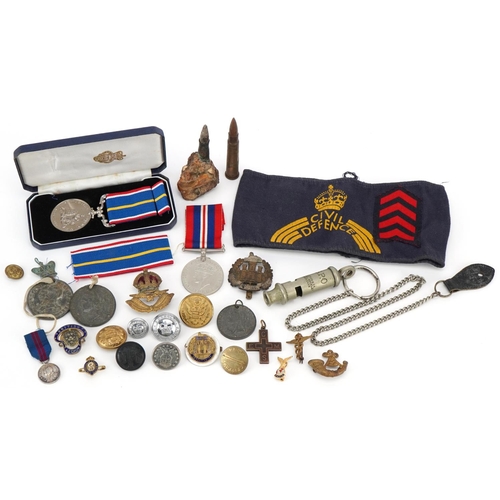 1482 - Militaria including an unnamed National Service 1939-1960 medal, GPO whistle, trench art and uniform... 