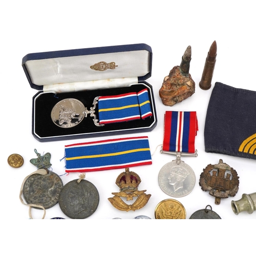 1482 - Militaria including an unnamed National Service 1939-1960 medal, GPO whistle, trench art and uniform... 