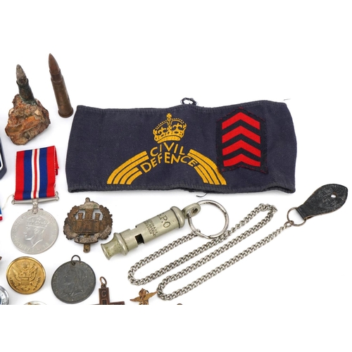 1482 - Militaria including an unnamed National Service 1939-1960 medal, GPO whistle, trench art and uniform... 