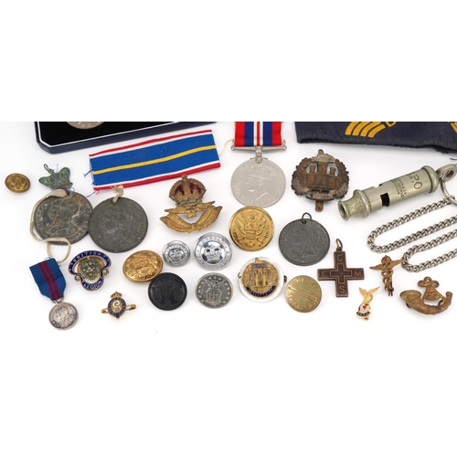 1482 - Militaria including an unnamed National Service 1939-1960 medal, GPO whistle, trench art and uniform... 