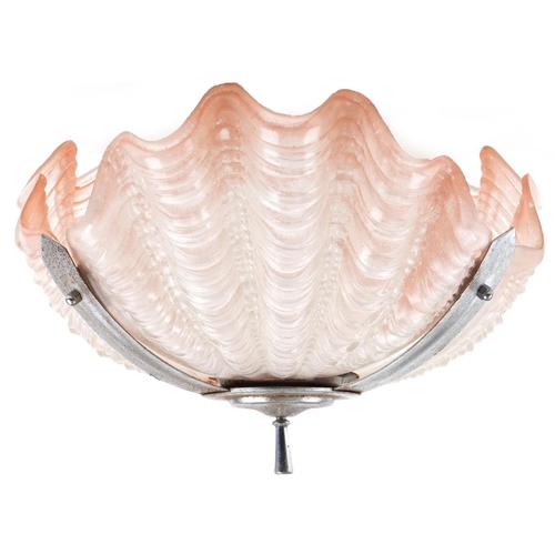 415 - An Art Deco frosted and pink glass shell design light fitting with chromed mounts, 33cm in diameter.