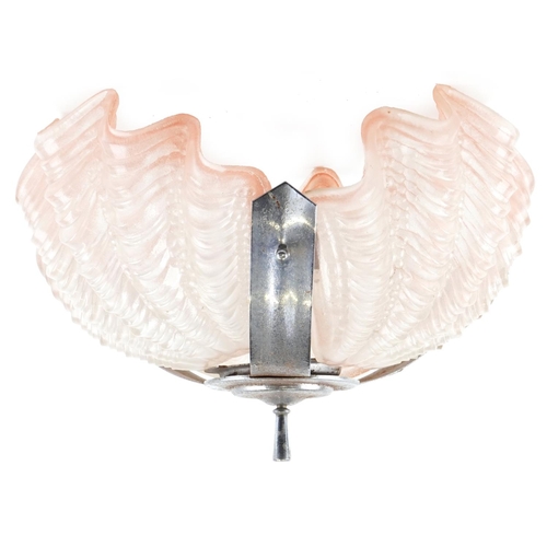 415 - An Art Deco frosted and pink glass shell design light fitting with chromed mounts, 33cm in diameter.