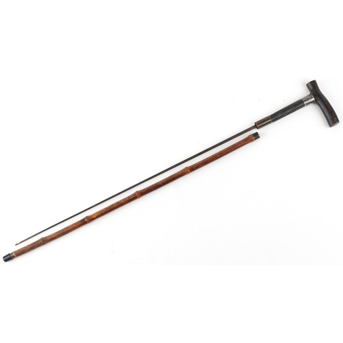 406 - A 19th century Chinese bamboo and ebonised swordstick with rosewood handle and silver collar, 82cm i... 