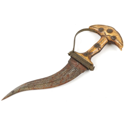 124 - A Mughal Indian steel curved blade dagger, late 19th century, with bone handle and bronze hilt, 29cm... 