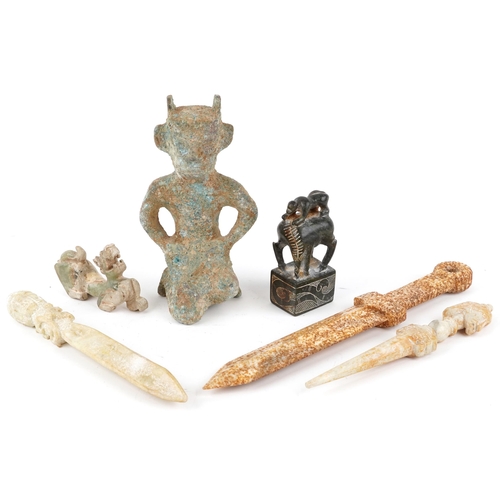 465 - A mixed group of Chinese items, all 20th century, including a russet jade decorative dagger, a simil... 