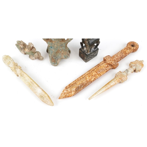 465 - A mixed group of Chinese items, all 20th century, including a russet jade decorative dagger, a simil... 