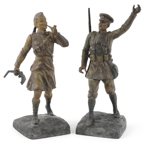 1493 - S. Kinsburger - A pair of mid 20th century spelter models of soldiers, each signed to base, 35cm hig... 